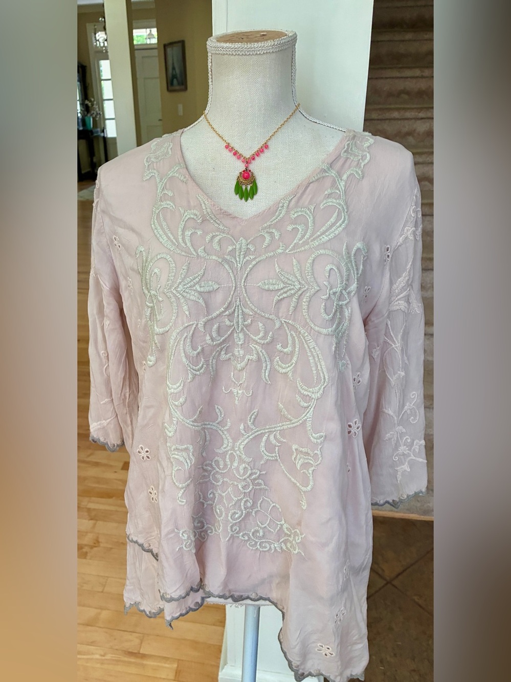 Johnny Was Embroidered Pale Pink Boho Tunic Top